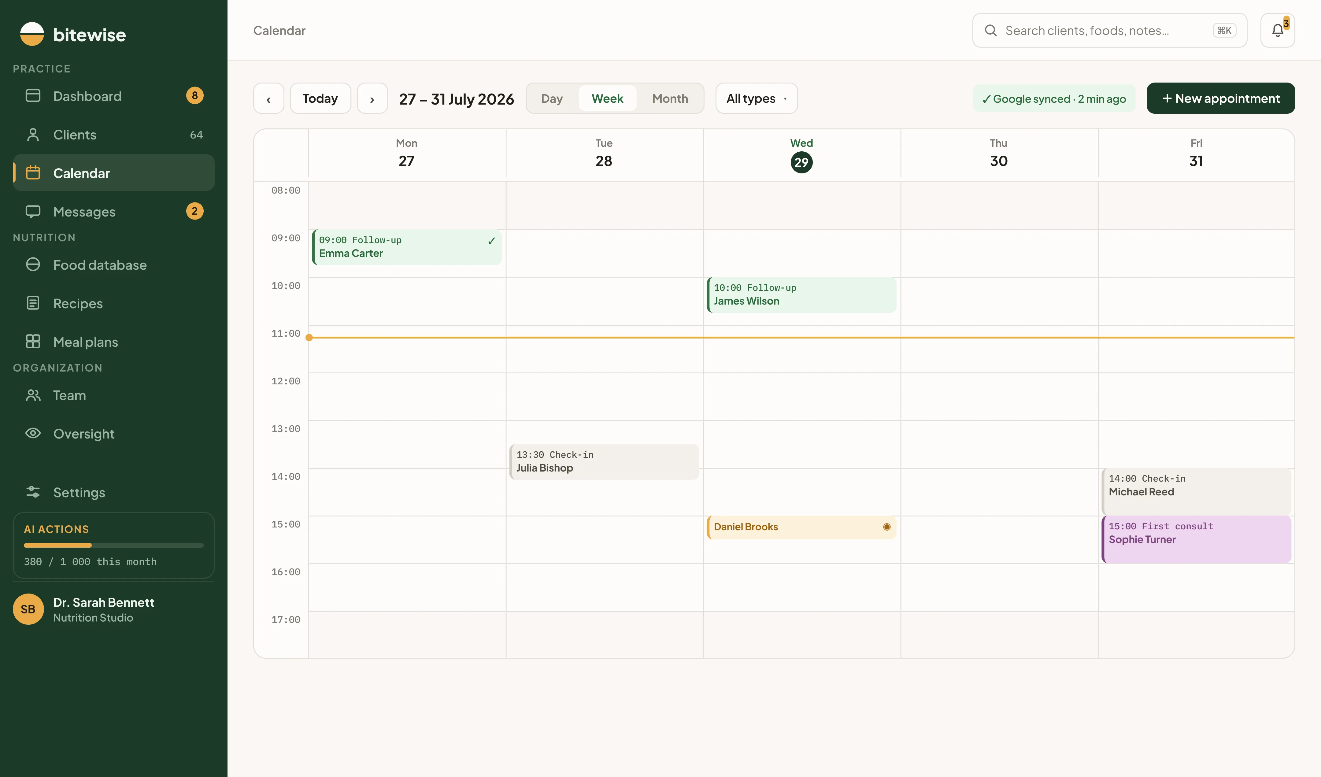 The week calendar: consultations, follow-ups and check-ins across five days, colour-coded by appointment type and synced with Google Calendar.
