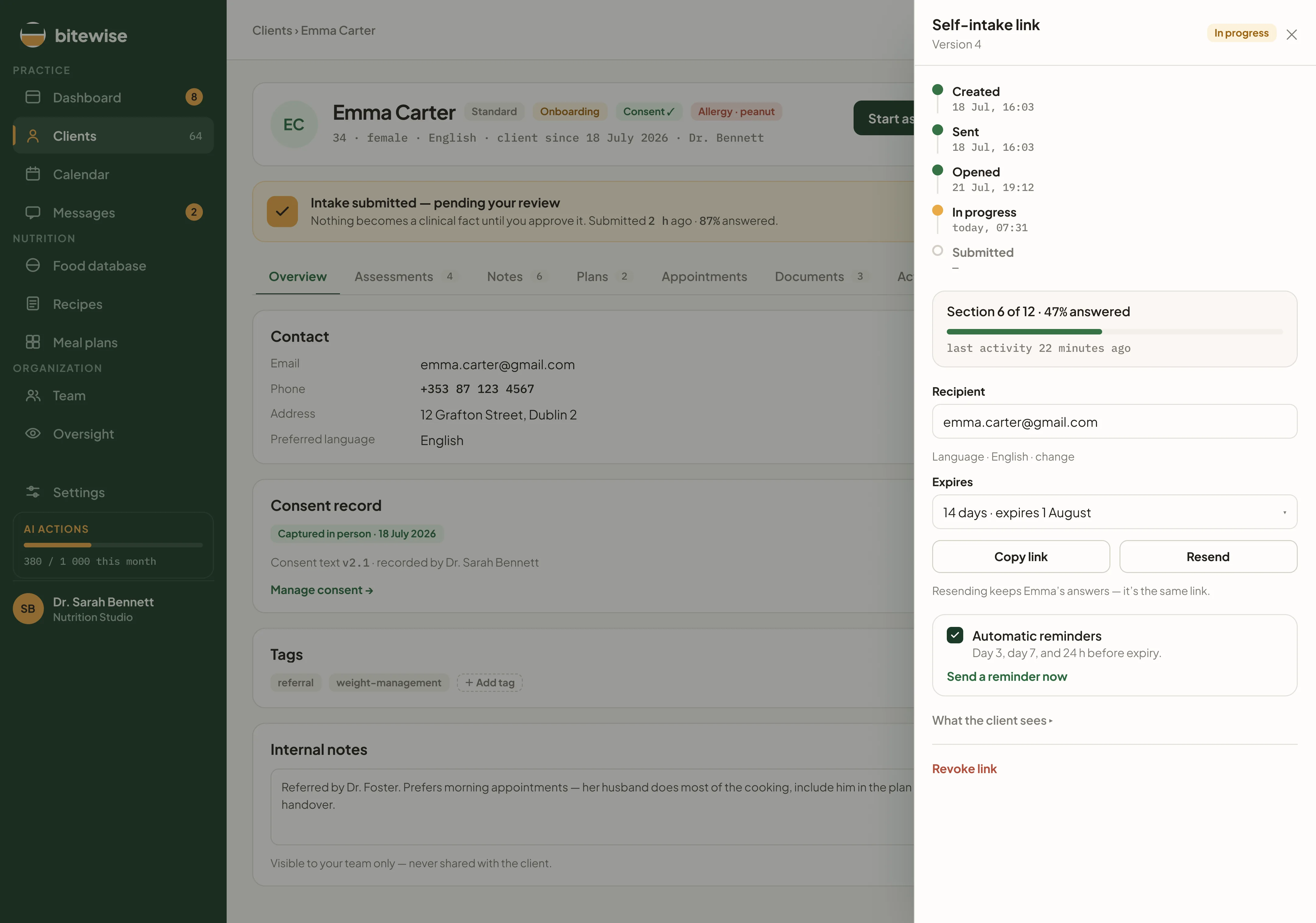 A client's intake record: consent captured with its version and timestamp, contact and language on file, and the self-intake link ready to send.