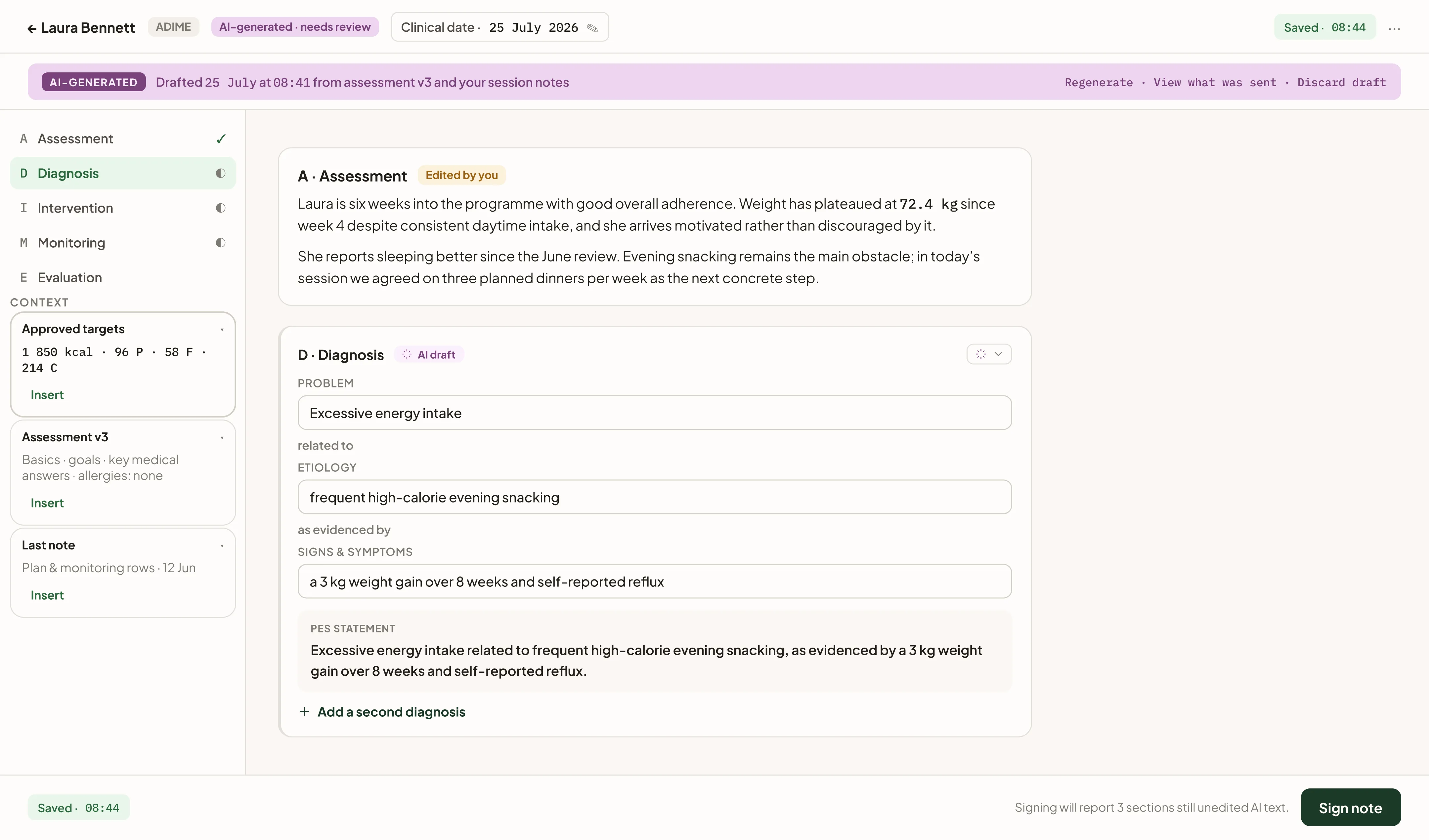An ADIME clinical note drafted by AI, labelled as a draft and awaiting review, with the assessment and diagnosis sections editable before signing.